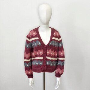 Burgundy, pink, white and gray heavy knit handmade Button-up Cardigan Sweater